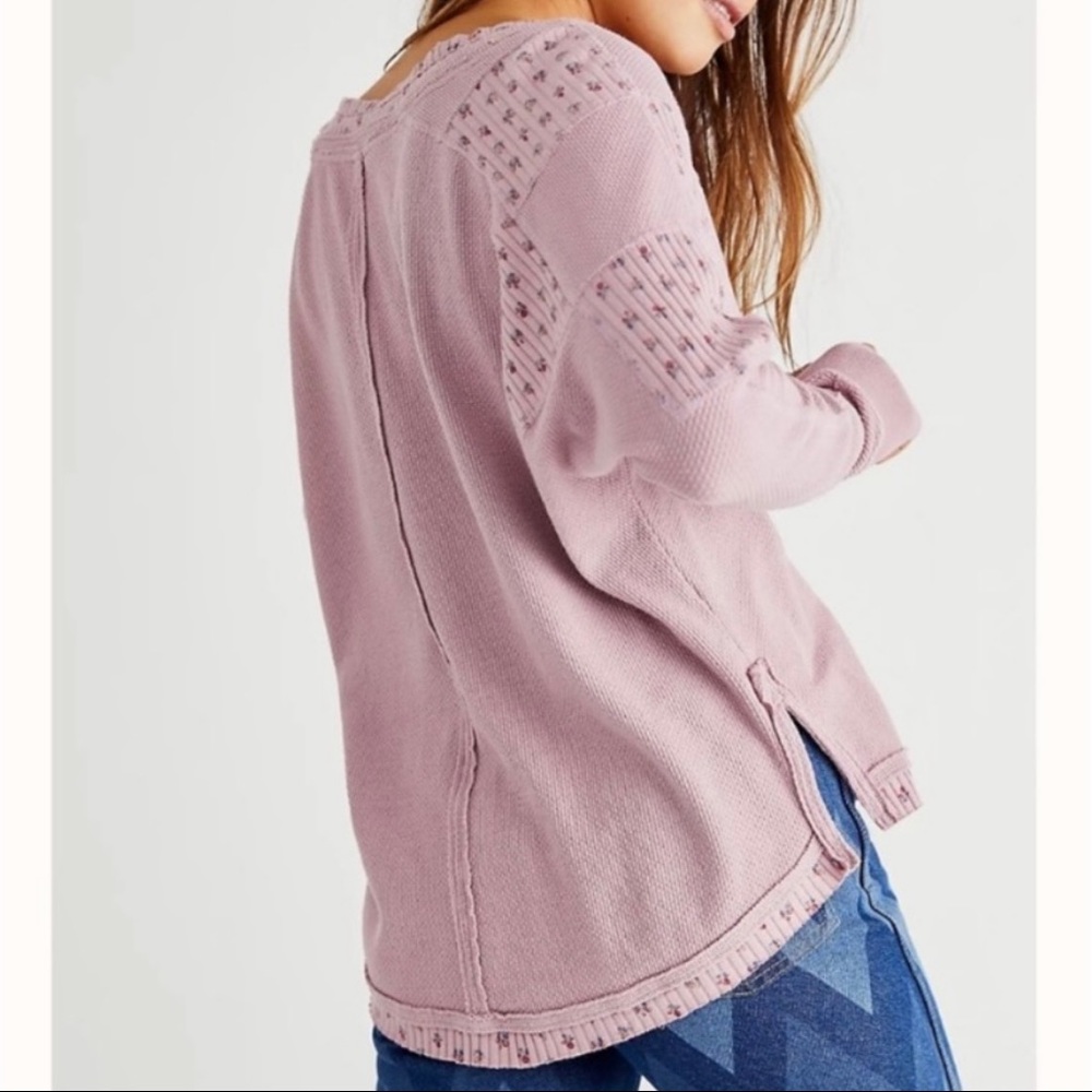 SOLD-Free People Layered Look Lavender Cherry Print Thermal Henley Knit Top - Picture 6 of 12